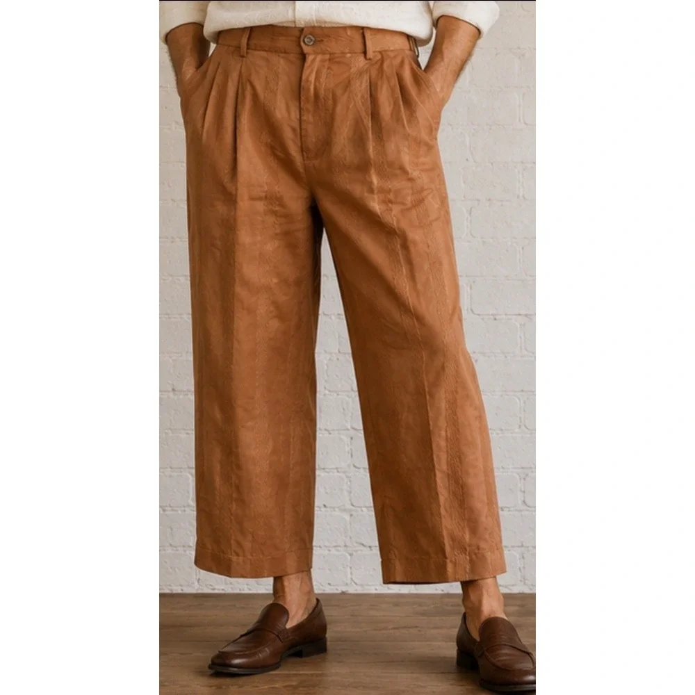 Vintage Virgola Uomo Cognac Camel Lightly Pleated Cropped Pants 36